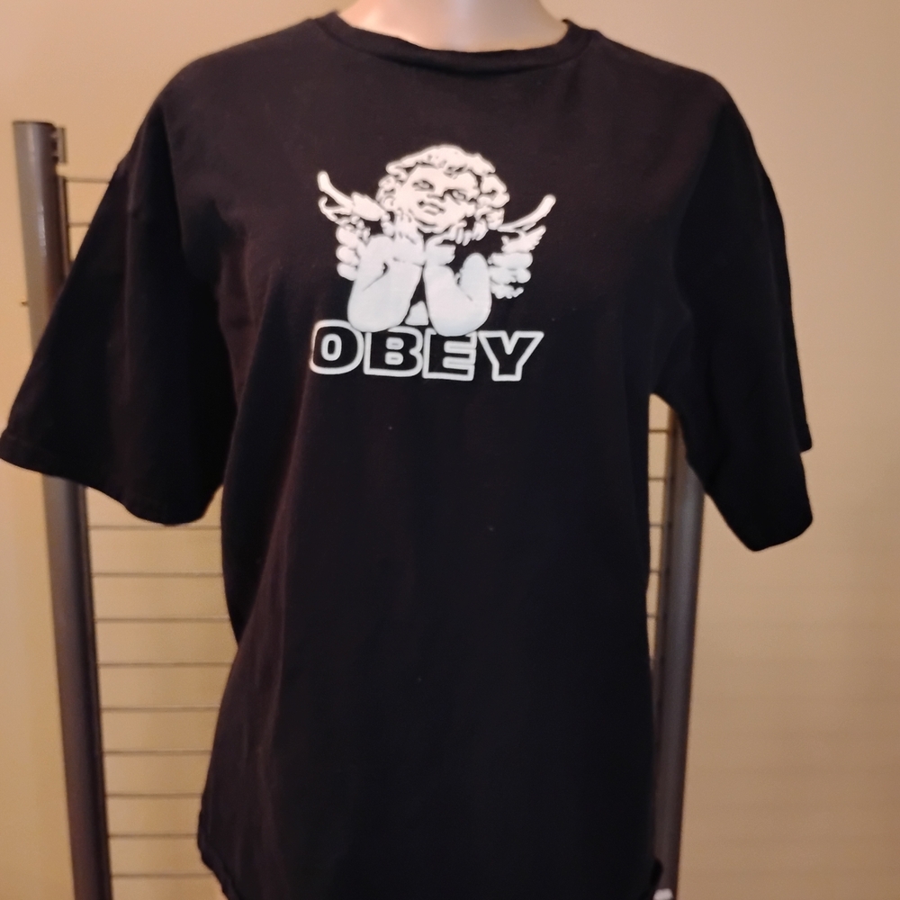 Obey Black Angel Graphic Tee Short Sleeve Cotton Streetwear T-Shirt Mens